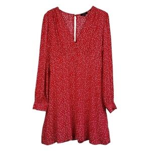 FRNCH Paris Large Bohemian Red Floral Mini Dress V-Neck Long Sleeve Lined Casual